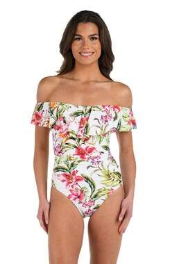 La Blanca One Piece Swim 10 Tropical Floral Off Shoulder Ruffle Lace Up Resort